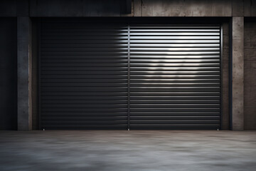 3d rendering of a warehouse with roller shutter door and black wall