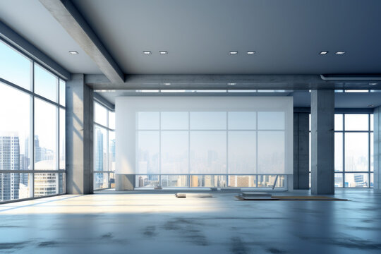 Urban high-rise interior with panoramic skyline and sunlight - Powered by Adobe