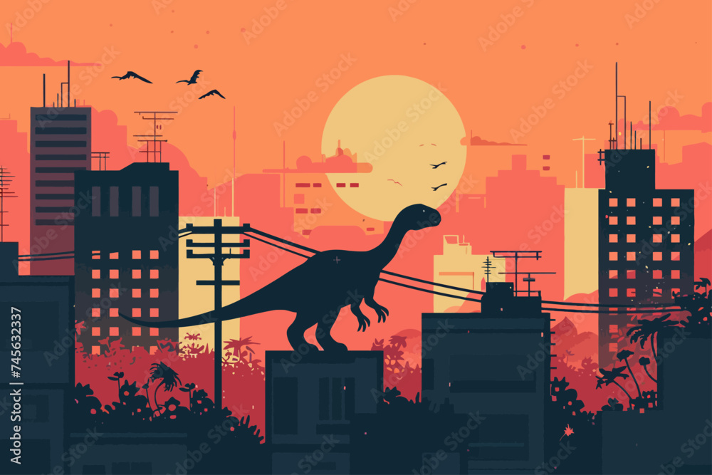 Wall mural dinosaur in town flat design illustration