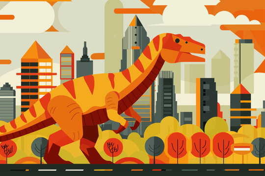 Dinosaur in Town Flat Design Illustration