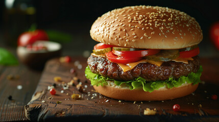 a hamburger with lettuce tomato and pickle - obrazy, fototapety, plakaty