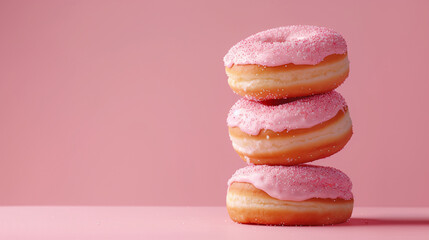 a stack of pink donuts with pink frosting - obrazy, fototapety, plakaty