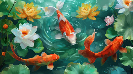 Illustration Goldfishes in Pond - obrazy, fototapety, plakaty