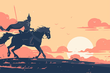 Naklejka premium Silhouette Ottoman Knight Riding Horse Flat design