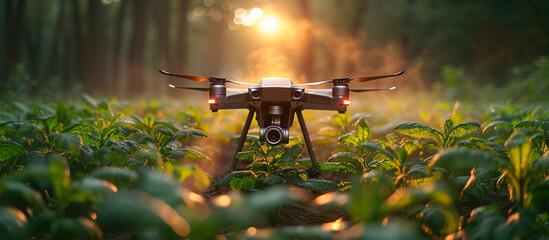 a drone flying in the woods