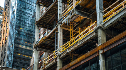 Construction and Development: Photograph buildings in various stages of construction or renovation. The process of development, illustrating the transformation of a space over time. Generative AI