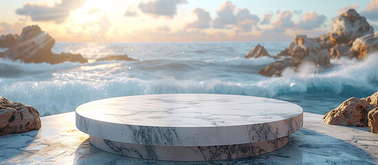 a round white stone platform with waves in the background