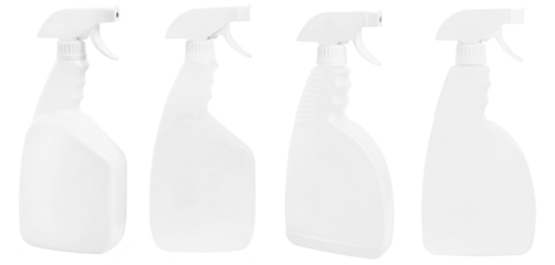 set of white spray pistol bottle for detergent isolated