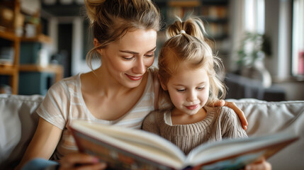 Lovely family mom and daughter reading story together on sofa daytime at home family hobby relation weekend lifestyle.