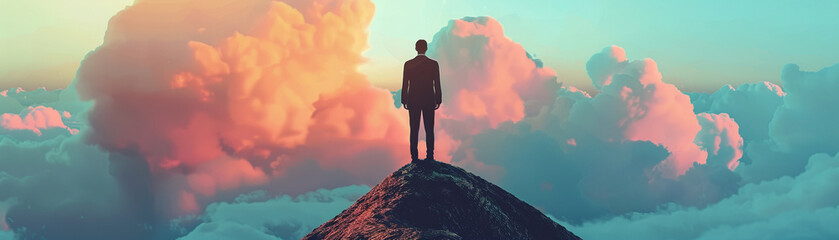 A 3D animators unique visualization of a businessman standing on a stand at the top of a hill with...