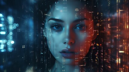 Fototapeta na wymiar Generative AI Digital glitch of a female portrait effects forming an abstract, futuristic background.