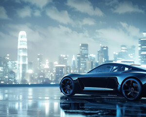 A sleek electric car designed for urban sustainability against a backdrop of an advanced eco city skyline