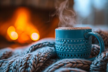 Cozy indoor scene the essence of winter, Focus on details like a steaming cup of cocoa