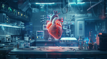 Create a futuristic medical scene centered around a glowing heart suspended in mid air surrounded by advanced medical care technology and equipment