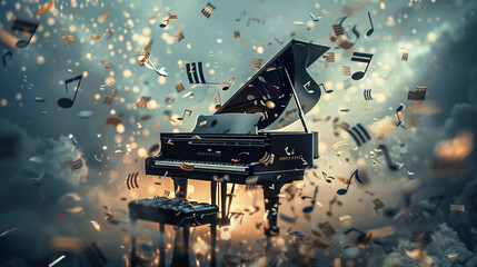 Create a mesmerizing artwork featuring a grand piano surrounded by floating musical notes