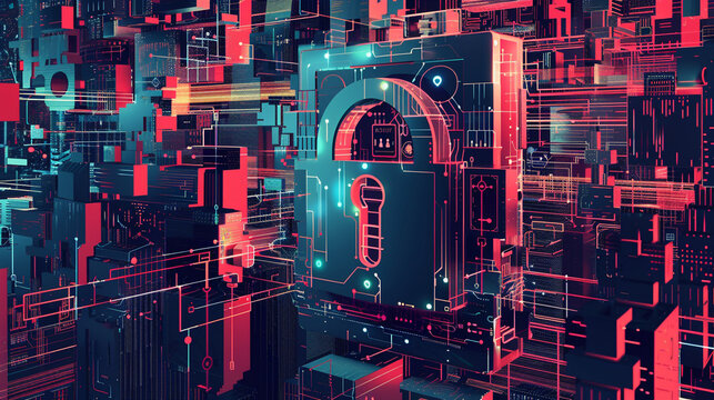 Create a digital artwork featuring a complex interplay between a password and lock designed by an illustrator with a unique aesthetic style