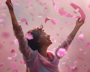 D animated reconstruction of a woman celebrating her victory against breast cancer with a backdrop background of hope and strength
