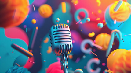 Design a 3D animated scene featuring a microphone surrounded by colorful abstract shapes