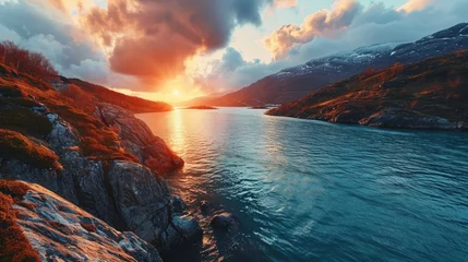 Fotobehang Generative AI Dramatic fjord vistas, drone's altitude, sun setting, serene coastal beauty, high-definition sunset tableau in Norwegian fjords © vadosloginov