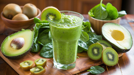 a glass of green smoothie with kiwi slices on top of it