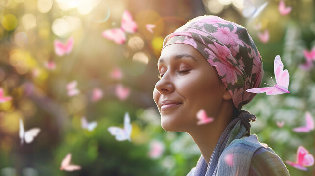 Woman undergoing treatment for breast cancer surrounded by a peaceful garden with butterflies fluttering around