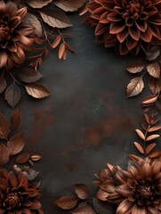 Textured black background with copper flowers and leaves, Vintage copper flowers and leaves on a grunge black background, Copper and black dahlia flowers and leaves, Copy space for text