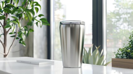 Stainless steel tumbler on a white table for promotional purposes and mockup
