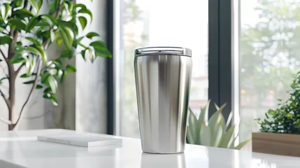 Fotobehang Stainless steel tumbler on a white table for promotional purposes and mockup © Matthew