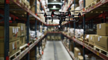 A commercial drone with a camera navigating through a warehouse, showcasing technology in logistics and inventory management.
