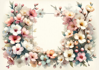 Frame with watercolor spring cherry blossom with a field for text. Greeting card. The composition is light, sunny spring with soft, delicate flowers in pastel colors