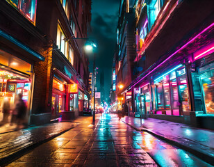 A city street illuminated by vibrant neon lights, showcasing the bustling nightlife on digital art concept.