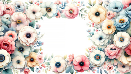 Frame with watercolor spring flowers with a field for text. Greeting card. The composition is light, sunny spring with soft, delicate flowers in pastel colors