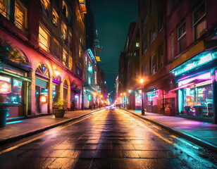 Obraz premium A city street illuminated by vibrant neon lights, showcasing the bustling nightlife on digital art concept.