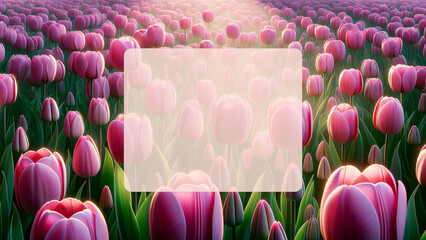 Panoramic image of a field of pink tulips with photorealistic detail and text field. Tulips create a vibrant sea of pink. Greeting card, holiday announcement, banner