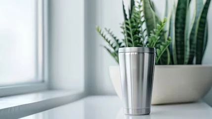 Fotobehang Metal glass or stainless steel tumbler on a white table, for promotional use with copy space for customization © Matthew
