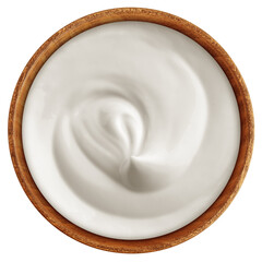 Sour Cream in wooden bowl, Mayonnaise, Yogurt, isolated on white background, full depth of field