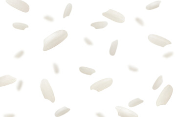 Falling Rice isolated on white background, selective focus