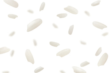 Falling Rice isolated on white background, selective focus
