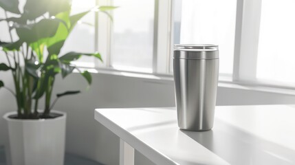 Metal glass or stainless steel tumbler on a white table, for promotional use with copy space for customization