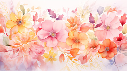 Beautiful watercolor background with pastel flowers and leaves, warm colors. Spring concepr
