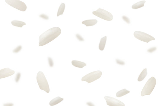 Falling Rice isolated on white background, selective focus