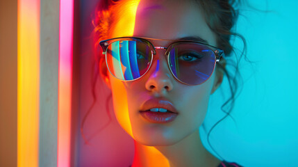 a woman wearing sunglasses with colorful light behind her