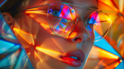 a woman wearing sunglasses with colorful lights
