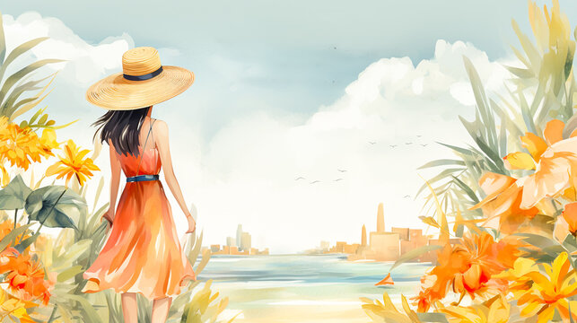 Watercolor illustration
A beautiful girl in a dress and hat on the seashore among beautiful orange flowers, rear view, generative AI. 