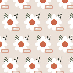 Floral pattern in the style of the 70s with groovy daisy flowers. Retro floral naive vector design. Style of the 60s, 70s, 80s
