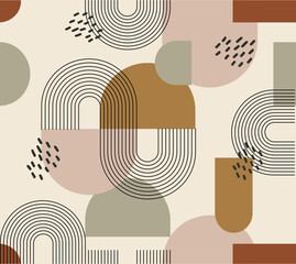 Modern Minimal Art Pattern with simple geometric shapes of lines and circles. Boho Vector Illustration in minimal style and pastel colors for poster, T-shirt print, cover, banner
