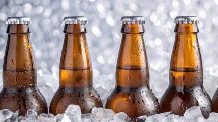 Three bottles of beer in the ice cubes isolated on a white background.