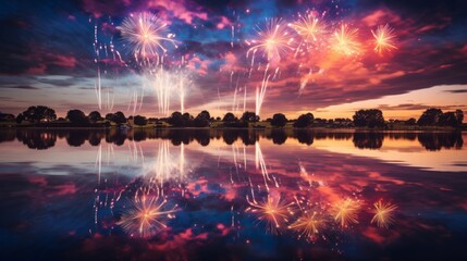 Generative AI Fireworks reflected on the surface of a calm lake, creating a stunning mirrored effect - obrazy, fototapety, plakaty