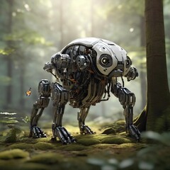 A serene forest scene where robotic wildlife interacts harmoniously, Generative Ai