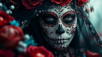 a Halloween beauty portrait unfolds as a skeleton woman of death emerges, adorned in a mesmerizing Day of the Dead.
